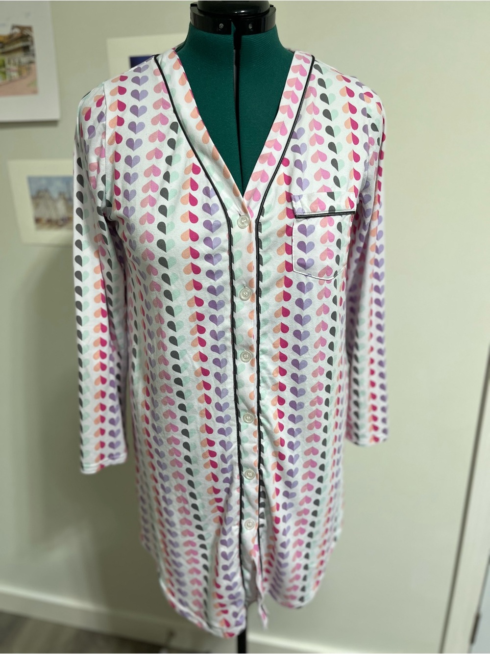 Pj Couture White Nightgown with Pink, Purple & Gray Heart Print